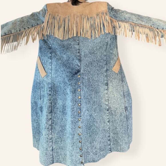 VTG Western Heavy Weight Acid Washed Denim Trench w/ Leather Fringe USA Made XL - Picture 11 of 16